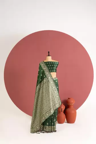 green color art silk saree with printed blouse