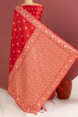 red color art silk saree with printed blouse 1