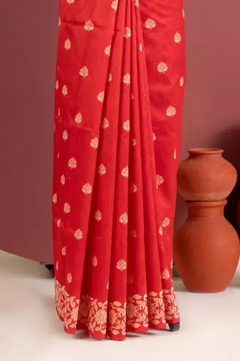 red color art silk saree with printed blouse