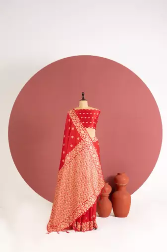 red color art silk saree with printed blouse