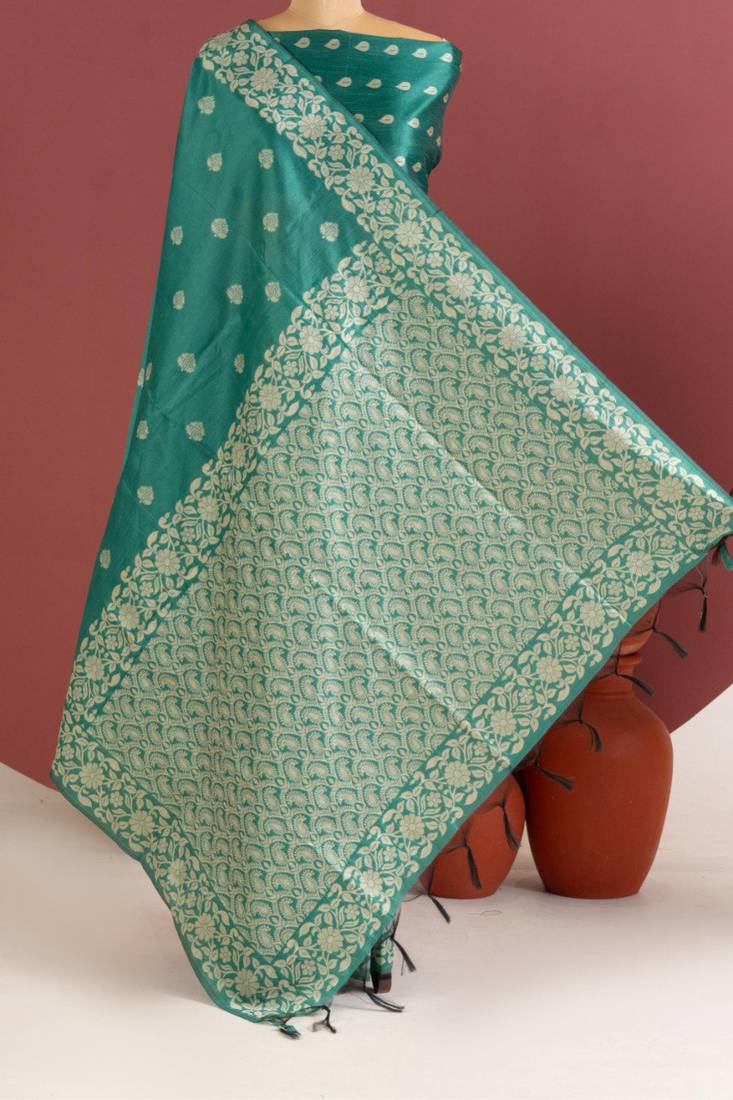 sky blue color art silk saree with printed blouse