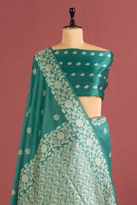 sky blue color art silk saree with printed blouse 2