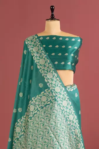 sky blue color art silk saree with printed blouse
