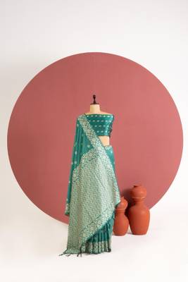 sky blue color art silk saree with printed blouse 4