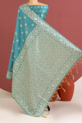teal color art silk saree with printed blouse 1