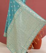 teal color art silk saree with printed blouse