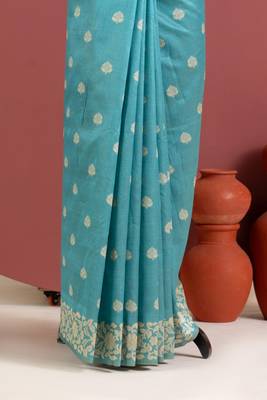 teal color art silk saree with printed blouse 2