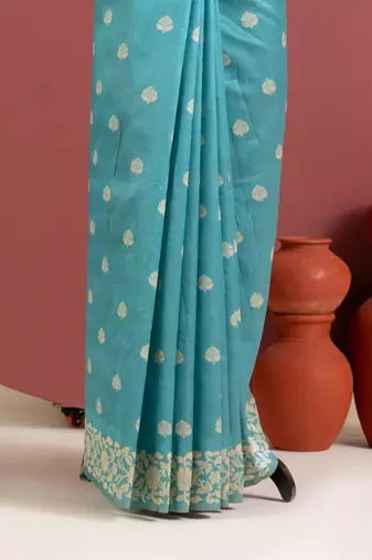 teal color art silk saree with printed blouse