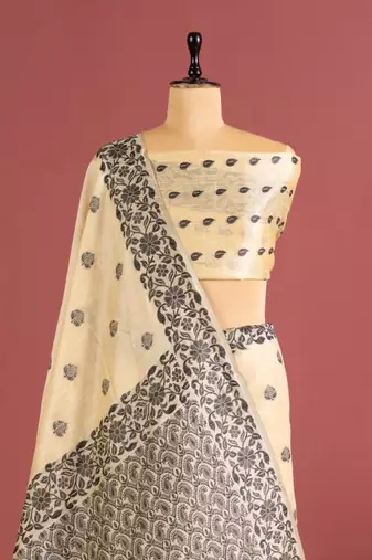 white color art silk saree with printed blouse