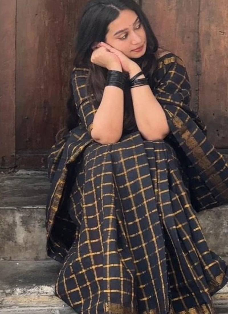 Black soft silk blend banarasi jacuard work designer saree with blouse