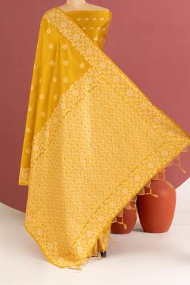 yellow color art silk saree with printed blouse 1