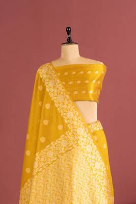 yellow color art silk saree with printed blouse 2