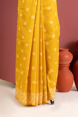 yellow color art silk saree with printed blouse 3