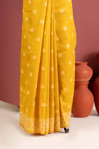 yellow color art silk saree with printed blouse