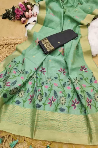 green color chanderi cotton saree with printed blouse