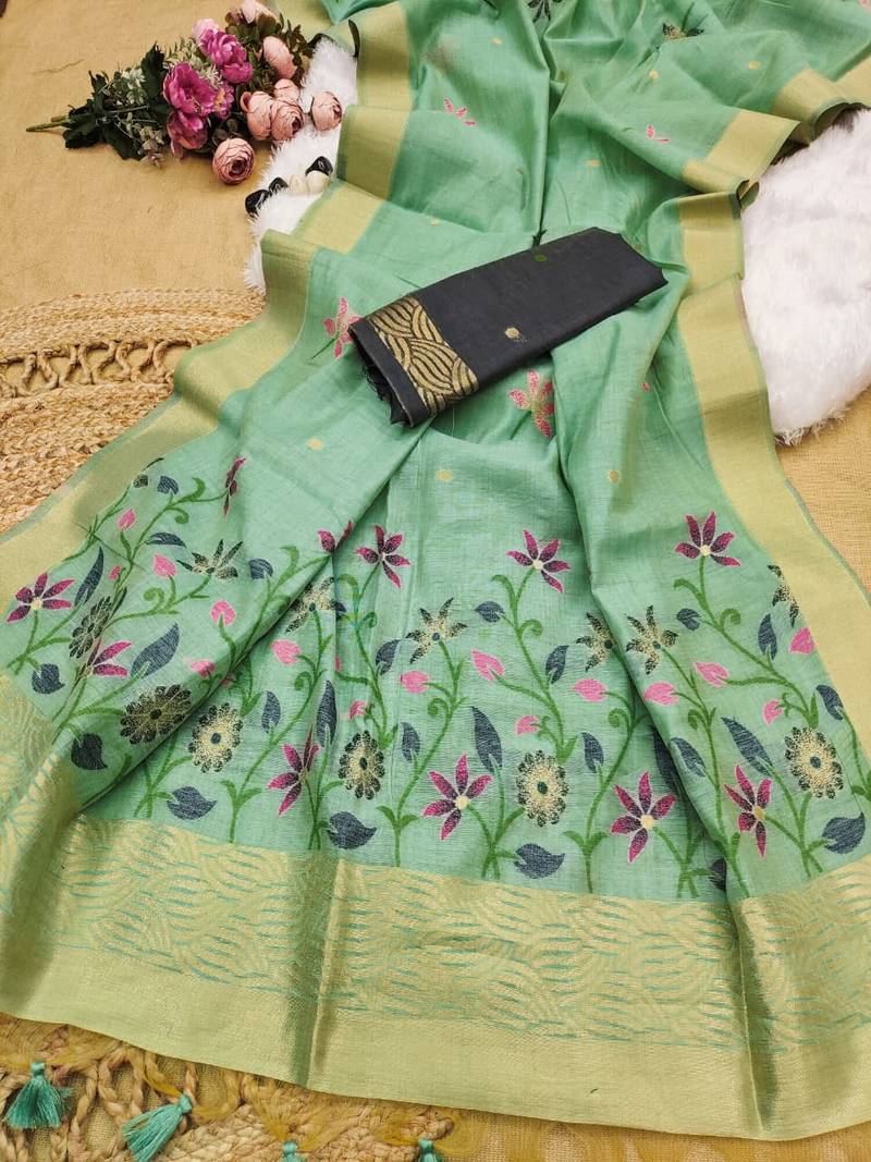 green color chanderi cotton saree with printed blouse