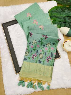 green color chanderi cotton saree with printed blouse 2