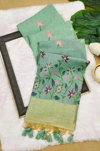 green color chanderi cotton saree with printed blouse