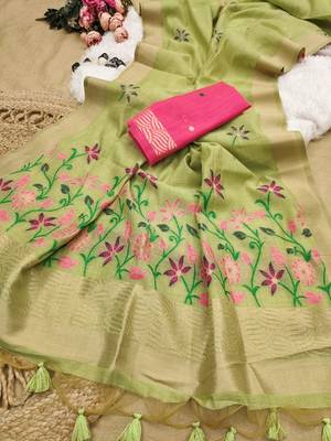  light green color chanderi cotton saree with printed blouse 1