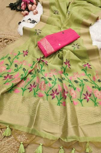  light green color chanderi cotton saree with printed blouse