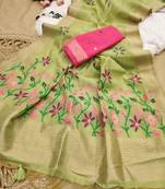  light green color chanderi cotton saree with printed blouse