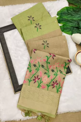  light green color chanderi cotton saree with printed blouse
