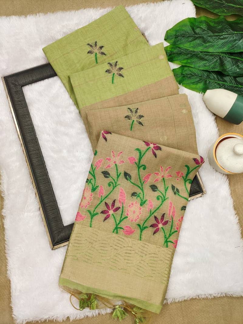  light green color chanderi cotton saree with printed blouse
