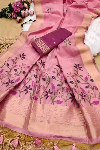 pink color chanderi cotton saree with printed blouse