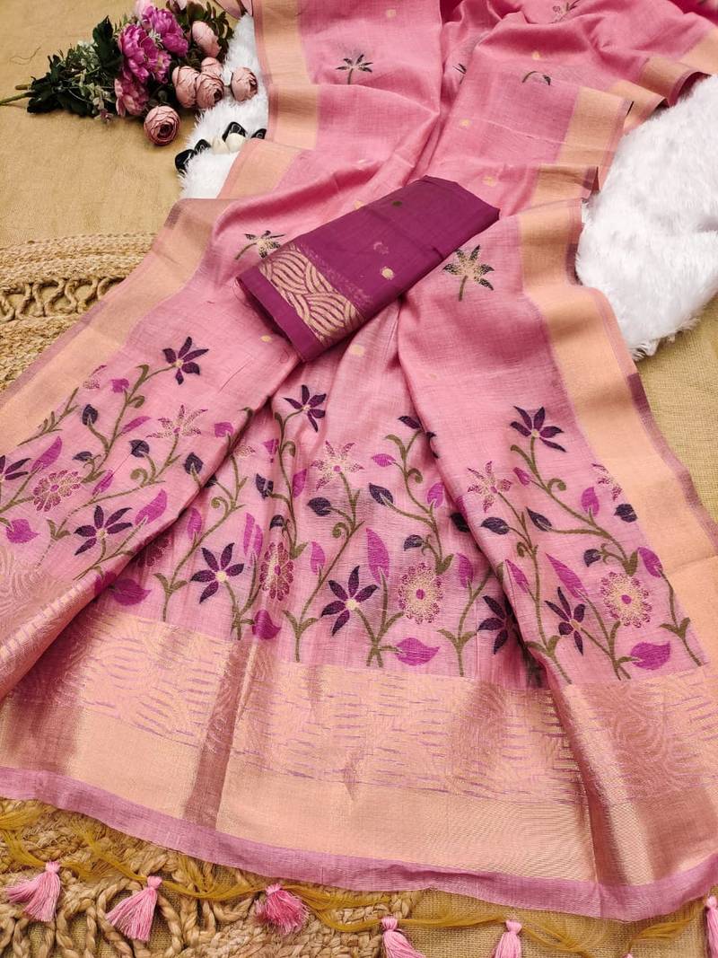 pink color chanderi cotton saree with printed blouse