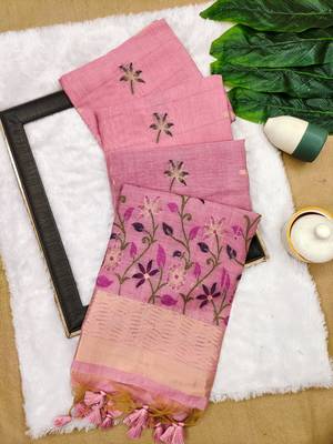 pink color chanderi cotton saree with printed blouse 2