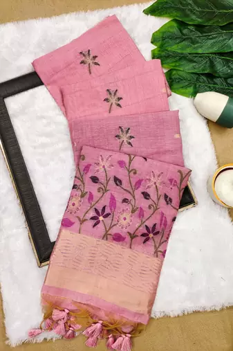 pink color chanderi cotton saree with printed blouse