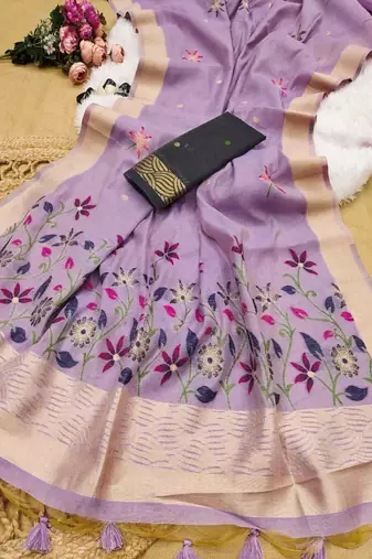 purple color chanderi cotton saree with printed blouse