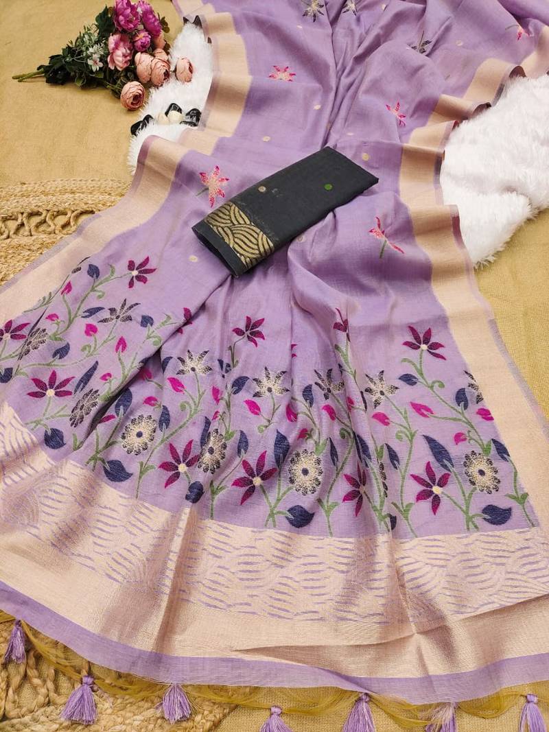 purple color chanderi cotton saree with printed blouse