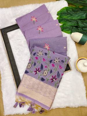 purple color chanderi cotton saree with printed blouse 2