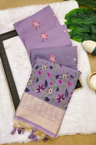 purple color chanderi cotton saree with printed blouse