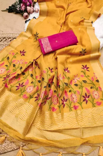yellow color chanderi cotton saree with printed blouse