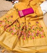 yellow color chanderi cotton saree with printed blouse