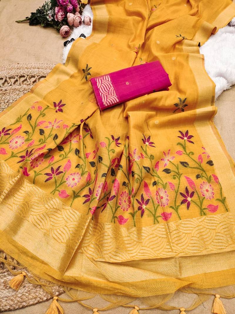 yellow color chanderi cotton saree with printed blouse