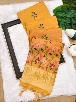 yellow color chanderi cotton saree with printed blouse 2