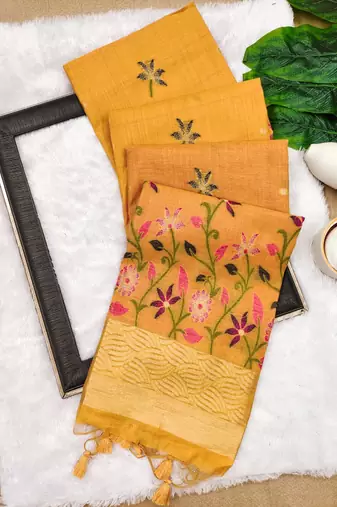 yellow color chanderi cotton saree with printed blouse