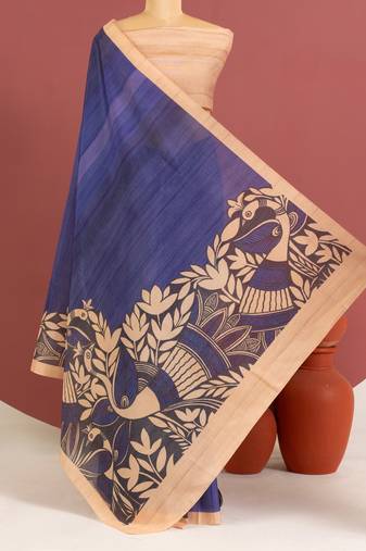 blue color tussar art silk saree with plain blouse