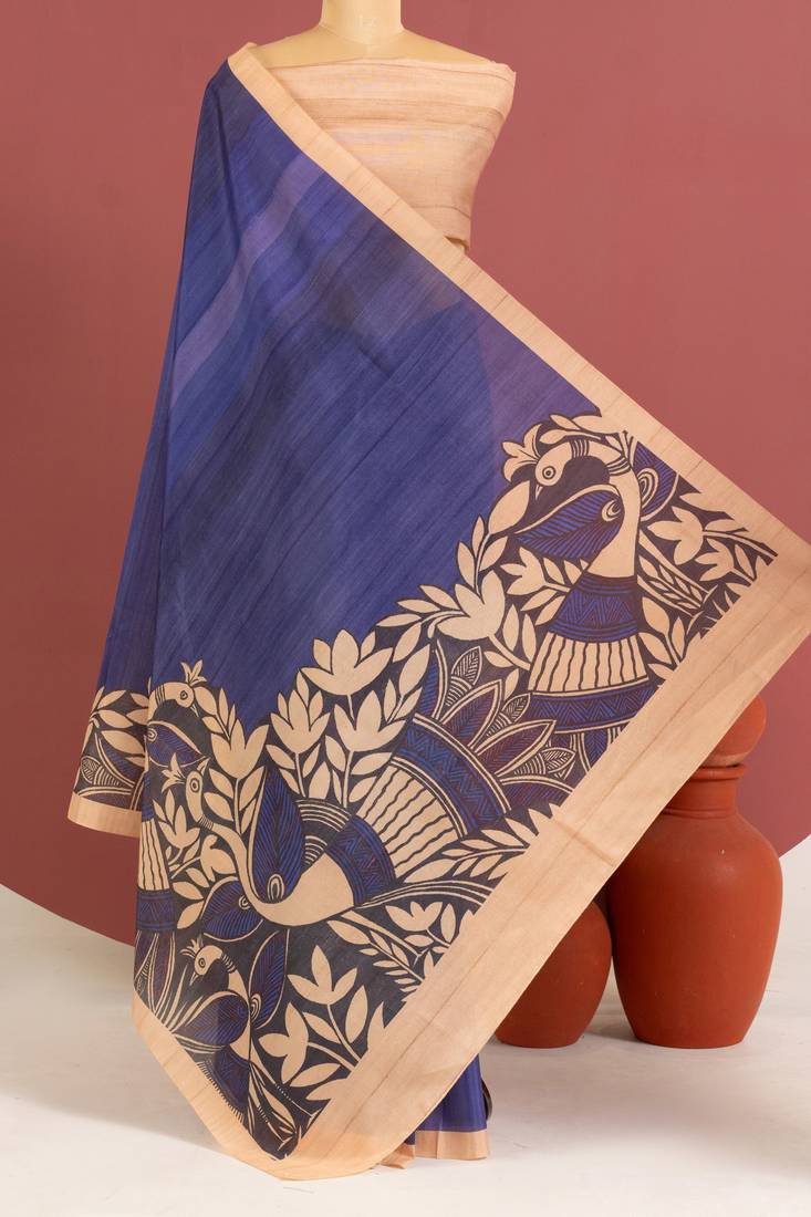 blue color tussar art silk saree with plain blouse