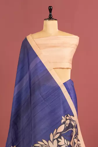 blue color tussar art silk saree with plain blouse