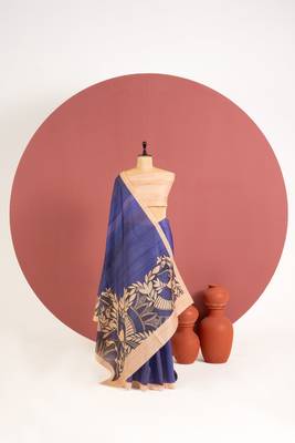 blue color tussar art silk saree with plain blouse 4