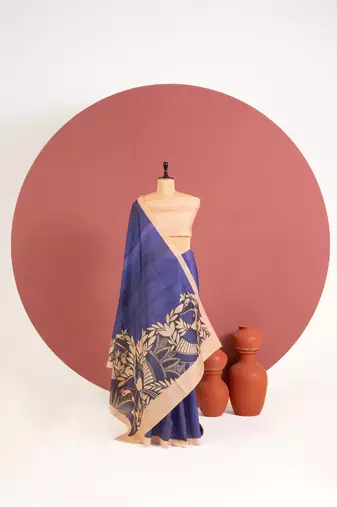 blue color tussar art silk saree with plain blouse