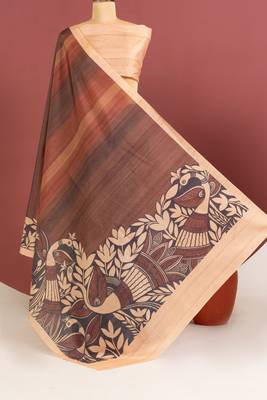 brown color tussar art silk saree with plain blouse 1