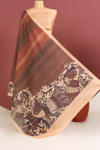 brown color tussar art silk saree with plain blouse