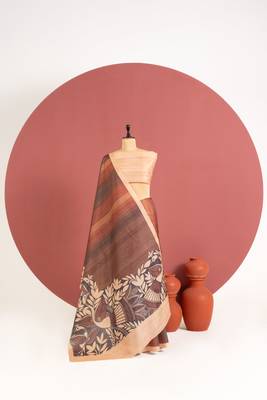 brown color tussar art silk saree with plain blouse 3