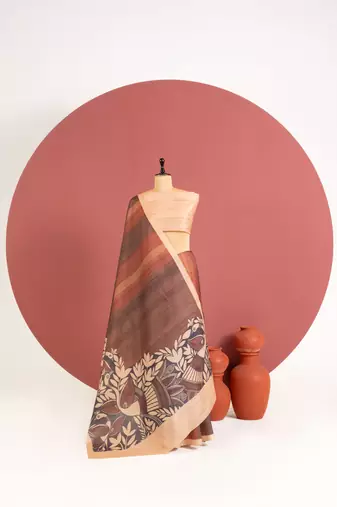 brown color tussar art silk saree with plain blouse
