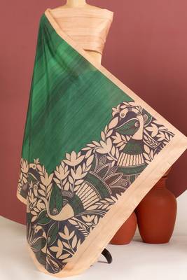 green color tussar art silk saree with plain blouse 1